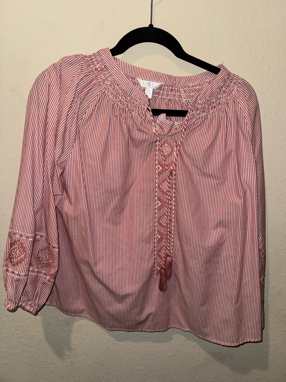 Time and Tru Pink Striped Embroidered Peasant Top